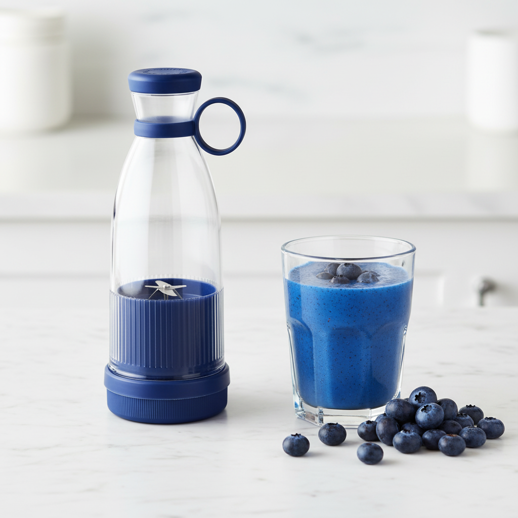 Blue USB Juice Blender Cup by ARMPOWER IN MY HANDS, portable blender with a transparent container and blue lid for smoothies