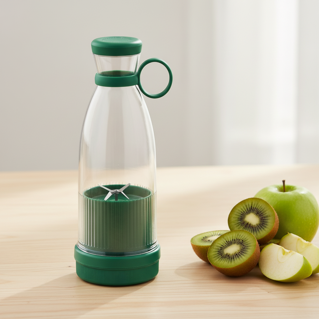 Green ARMPOWER IN MY HANDS USB juice blender cup with a clear blending chamber and USB charging port.