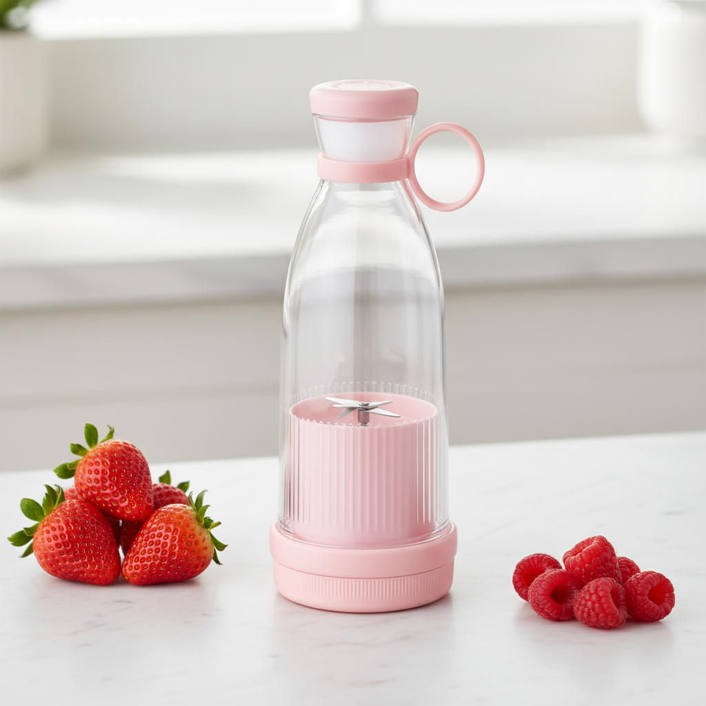 Pink ARMPOWER IN MY HANDS USB Juice Blender Cup showing a compact portable blender with a pink lid and transparent body.