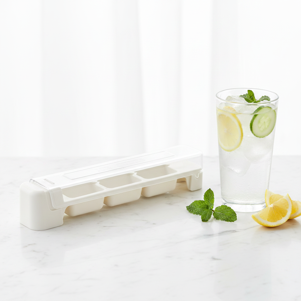 White silicone ice mold from ARMPOWER IN MY HANDS, filled with water and ice cubes for cold beverages.