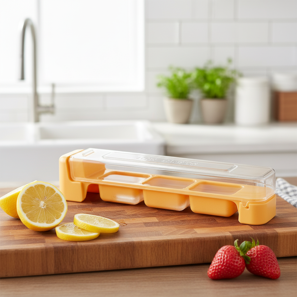 ARMPOWER IN MY HANDS PureCube premium food-grade silicone ice mold with yellow lid, open on a wooden board.