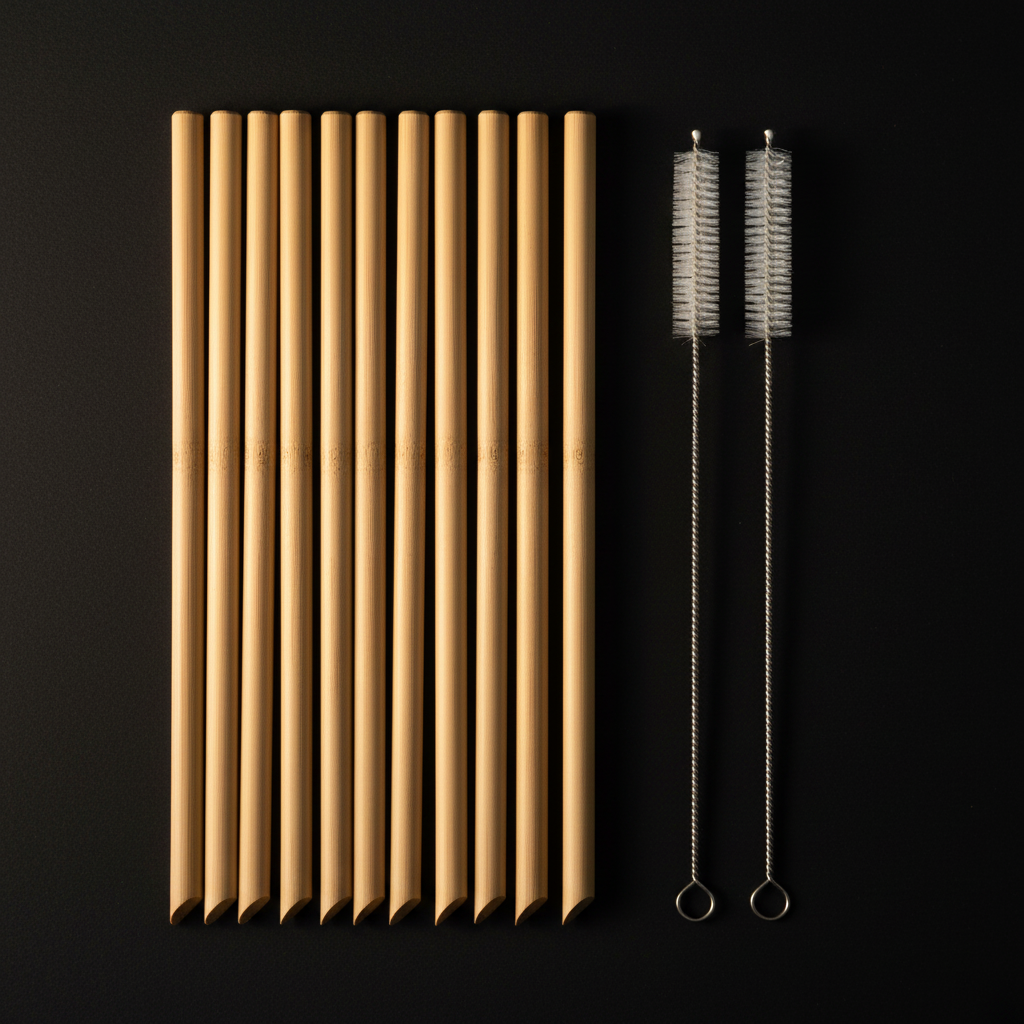 Set of 10 reusable ZenSip bamboo drinking straws by ARMPOWER IN MY HANDS, natural bamboo material, eco-friendly and eco-conscious.